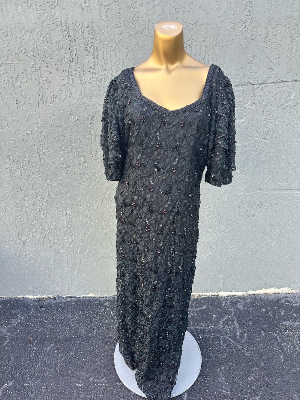 Petite Rose Black Beaded Sequin Lace Maxi Dress Vintage Style Evening Gown